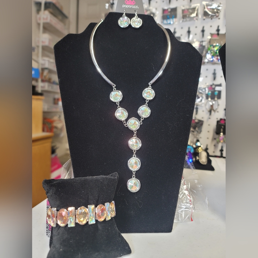 Elegant Silver & Iridecent Necklace and Bracelet Set By Paparazzi